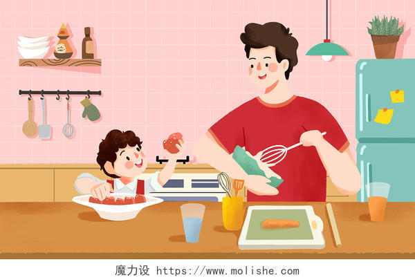 扁平厨房卡通背景亲子做饭餐具烹饪厨具元素手绘插画海报